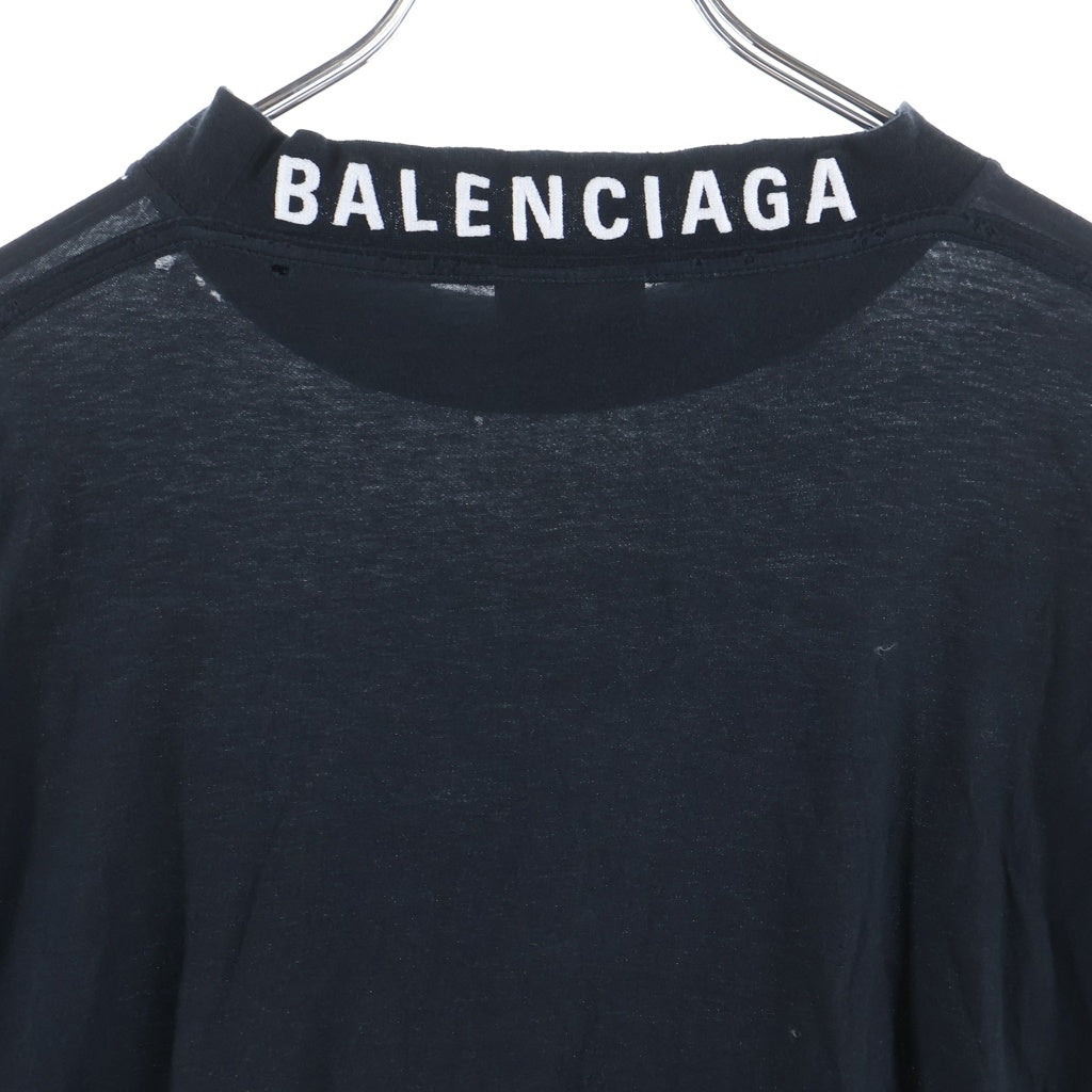 BALENCIAGA(バレンシアガ) ダメージ加工 ネックロゴ刺繍 クルーネック 長袖Tシャツ カットソー ブラック 739783 TOVF4