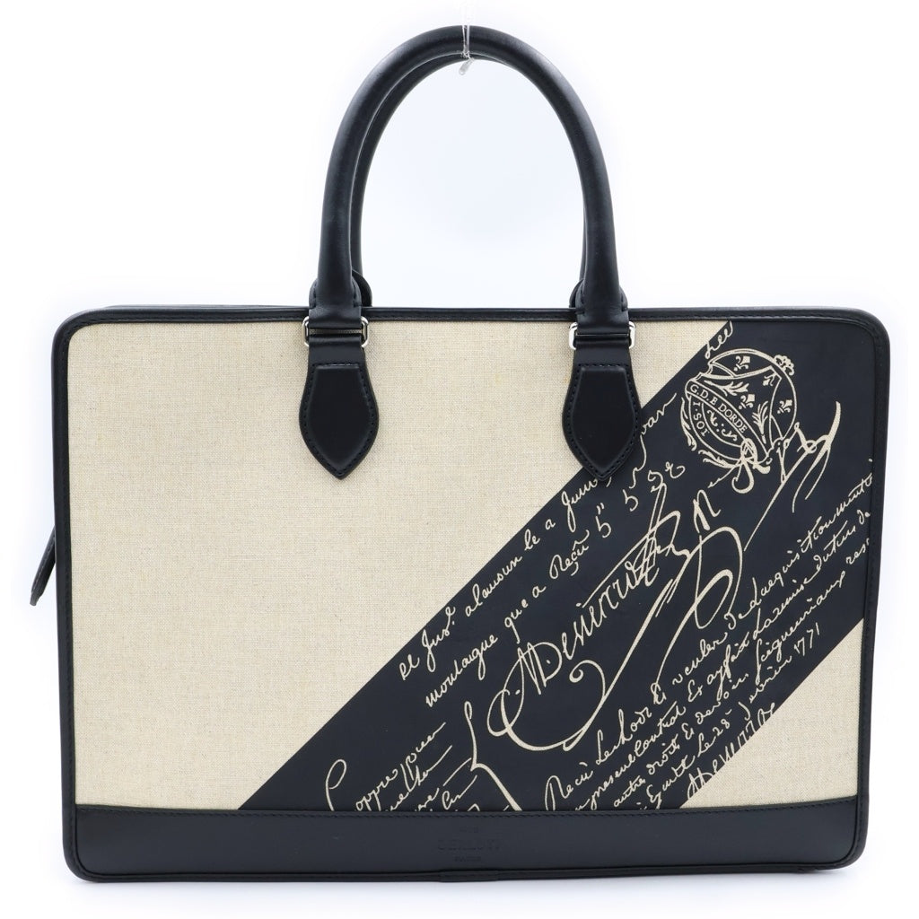 Berluti(ベルルッティ) カリグラフィー デザイン レザー キャンバス トートバッグ ホワイト/ブラック レディース