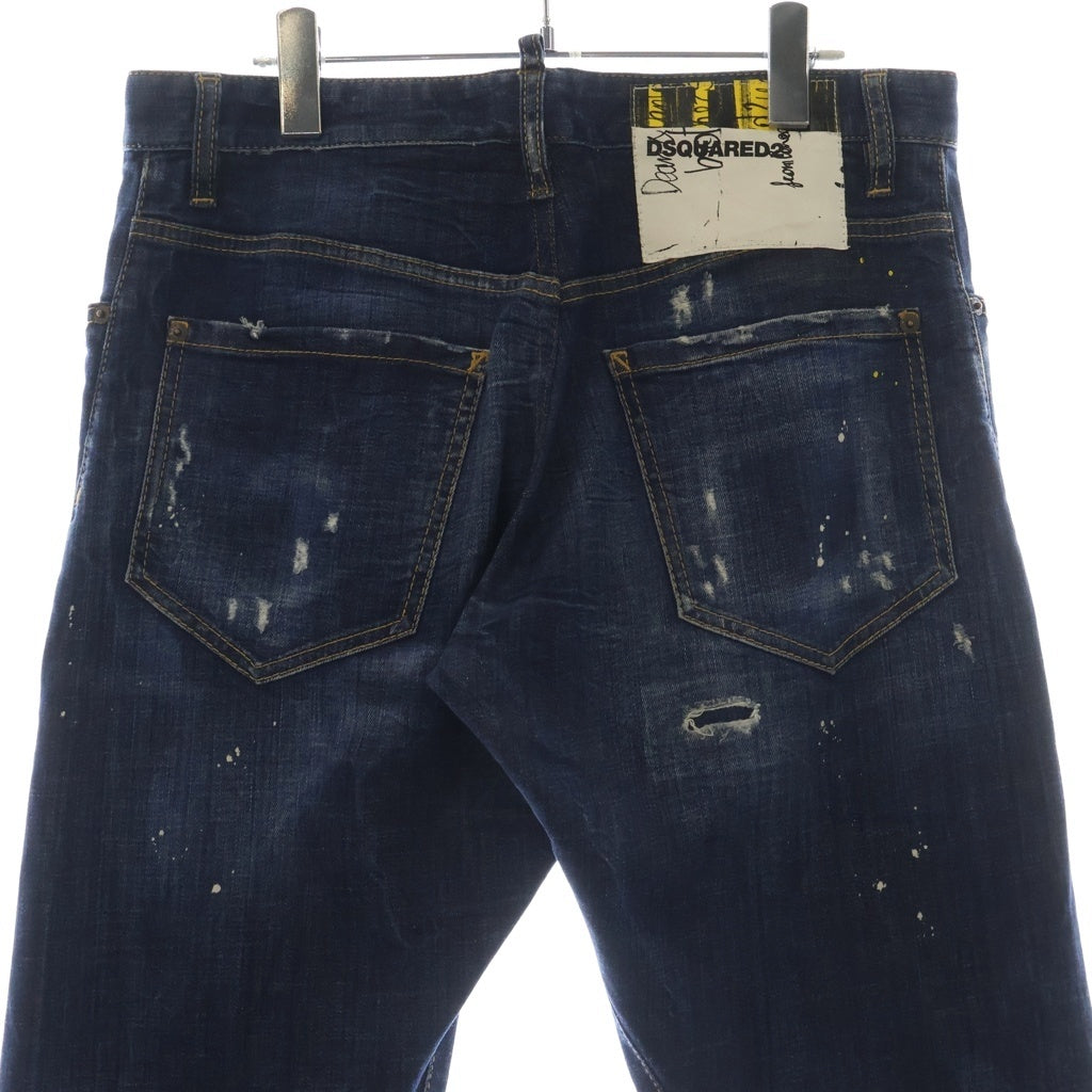 DSQUARED2(ディースクエアード) スキニー ダメージ加工 ペイントスプラッシュ ボタンフライ デニム ジーンズ パンツ インディゴ レディース