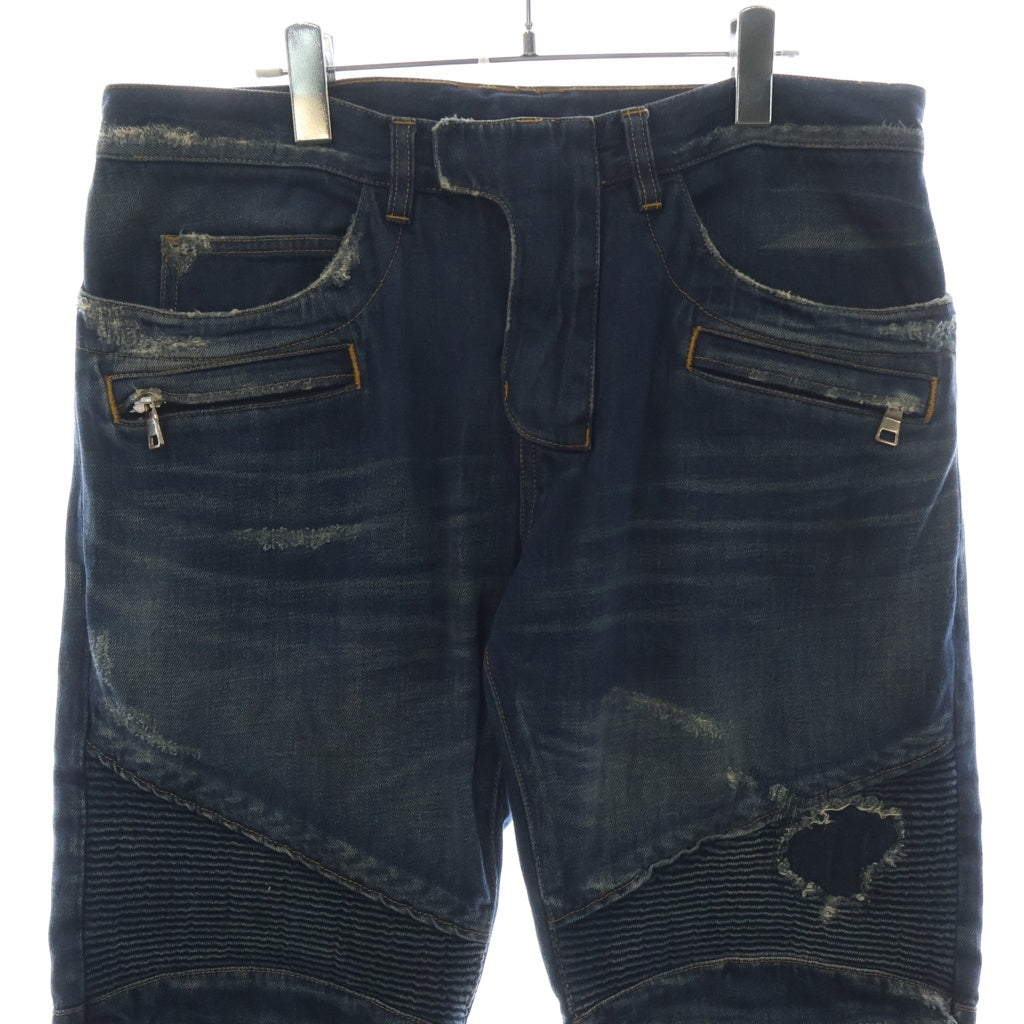 BALMAIN(バルマン) バイカーデニム キルティングステッチ ダメージ加工 ジップポケット ジーンズ パンツ インディゴ