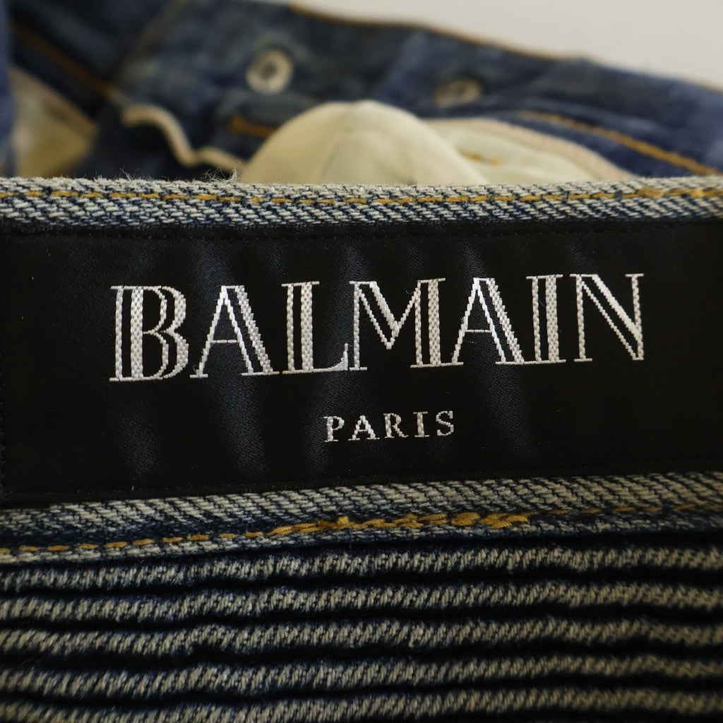 BALMAIN(バルマン) バイカーデニム キルティングステッチ ダメージ加工 ジップポケット ジーンズ パンツ インディゴ