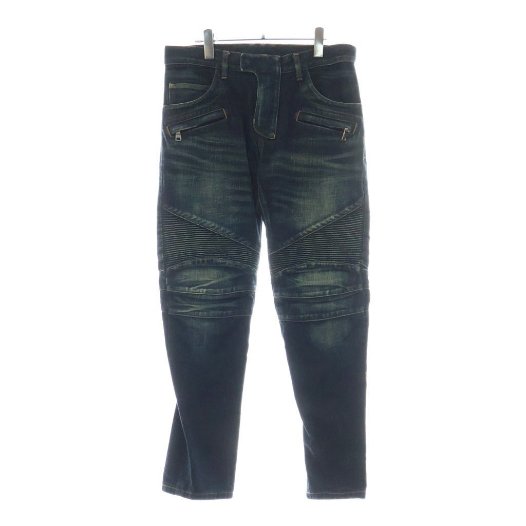 BALMAIN(バルマン) バイカーデニム キルティングステッチ ダメージ加工 ジップポケット ジーンズ パンツ インディゴ