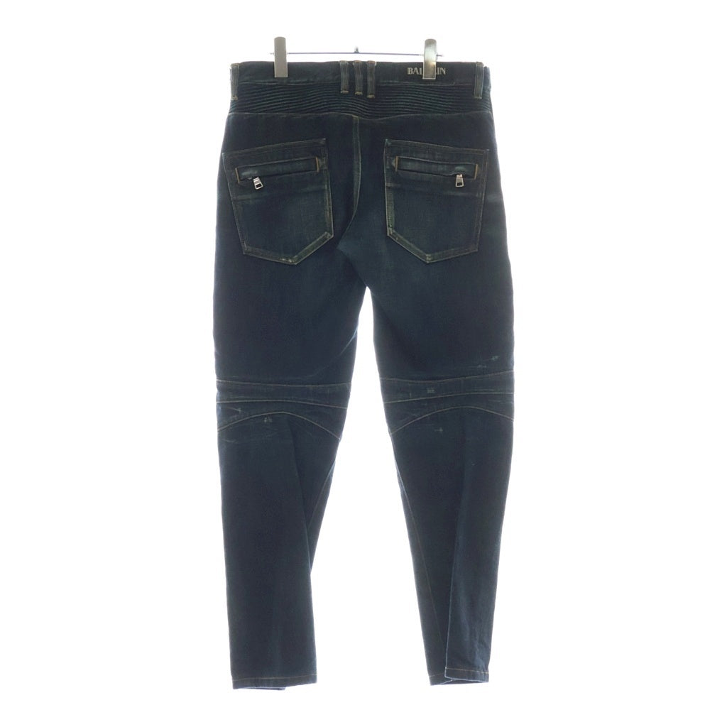 BALMAIN(バルマン) バイカーデニム キルティングステッチ ダメージ加工 ジップポケット ジーンズ パンツ インディゴ