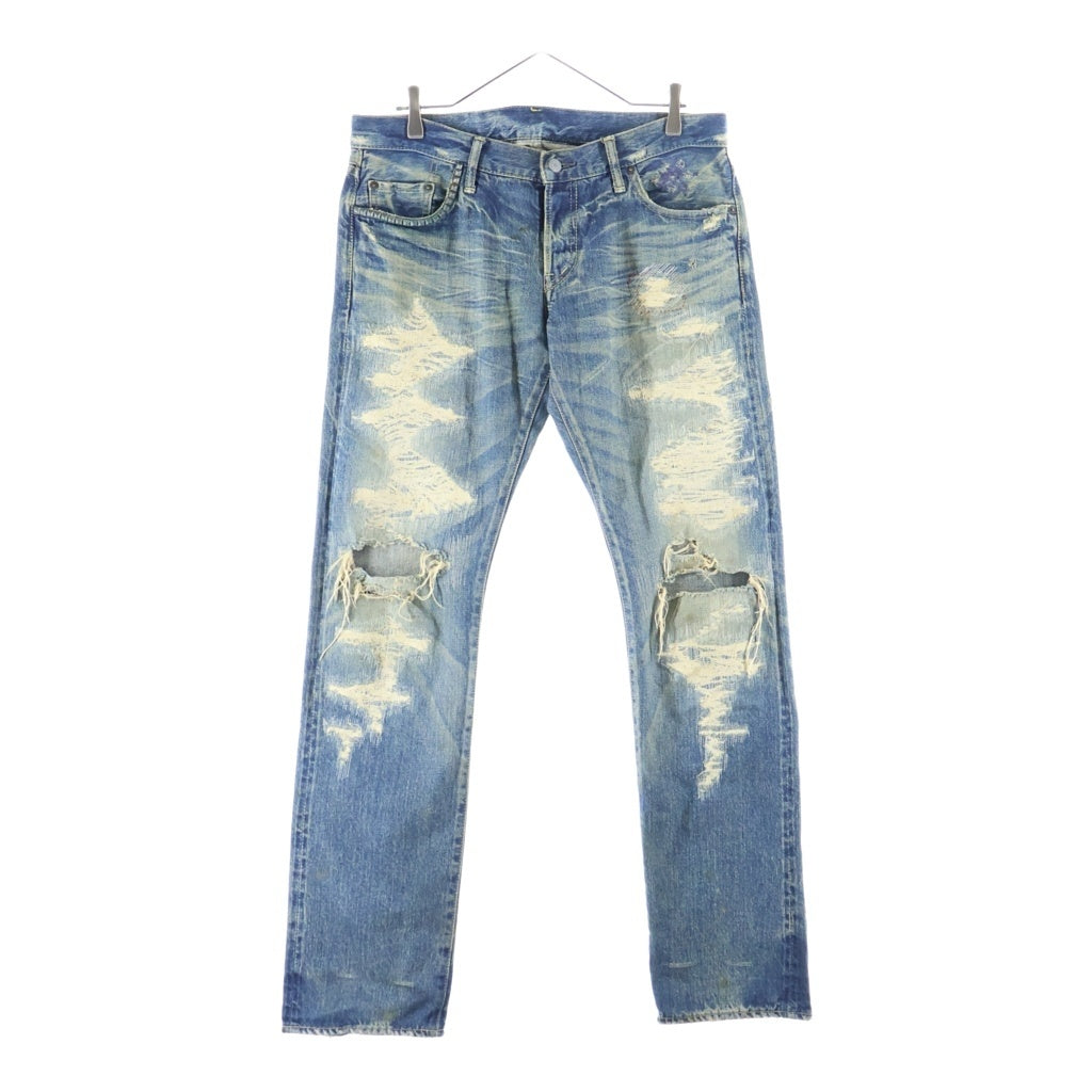 HYSTERIC GLAMOUR(ヒステリックグラマー) PF加工 スリムストレートデニムダメージ加工 ピラミッドスタッズ ジーンズ パンツ インディゴ