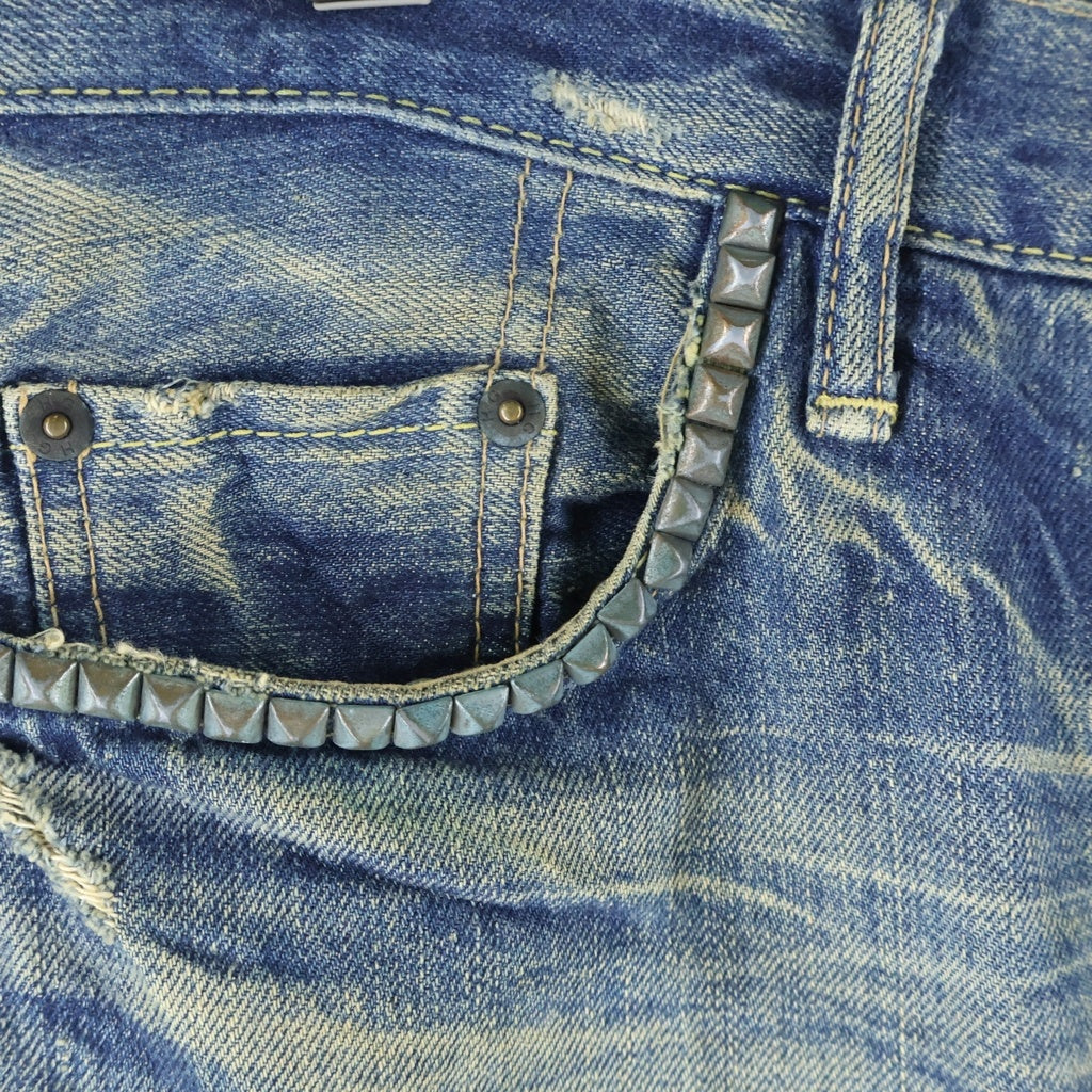 HYSTERIC GLAMOUR(ヒステリックグラマー) PF加工 スリムストレートデニムダメージ加工 ピラミッドスタッズ ジーンズ パンツ インディゴ