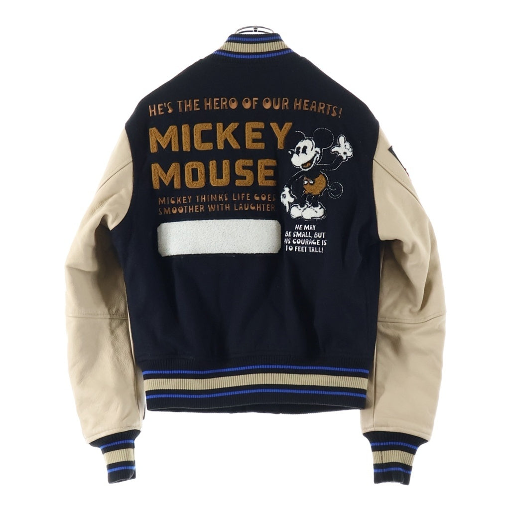 AVIREX(アヴィレックス) DISNEY MICKEY レザー切替 裏地キルティング メルトン バーシティ スタジアムジャケットブルゾン ネイビー/ホワイト