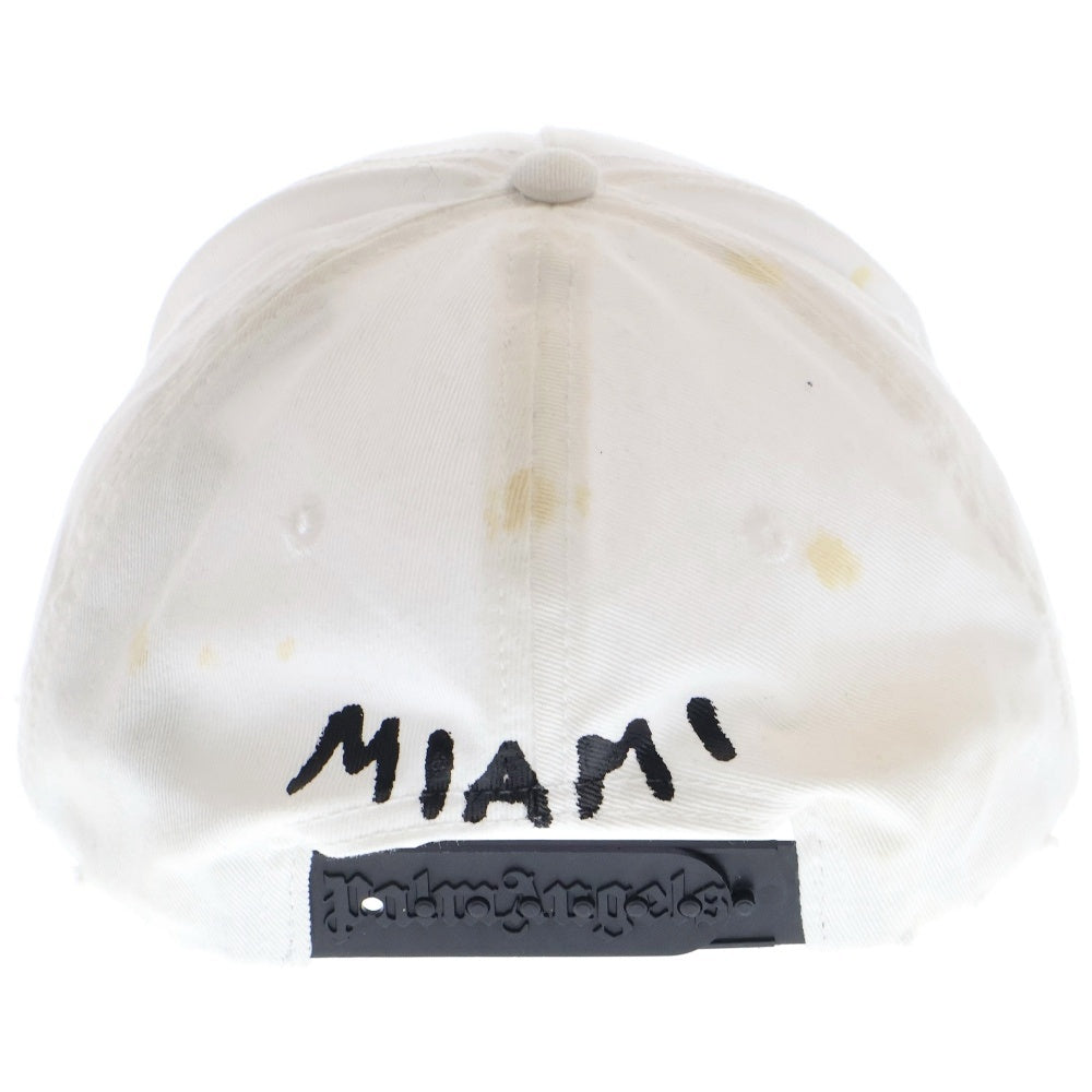 Palm Angels(パームエンジェルス) 23SS ダメージ汚れ加工ロゴプリントベースボールキャップ PMLB054S23FAB004 ホワイト