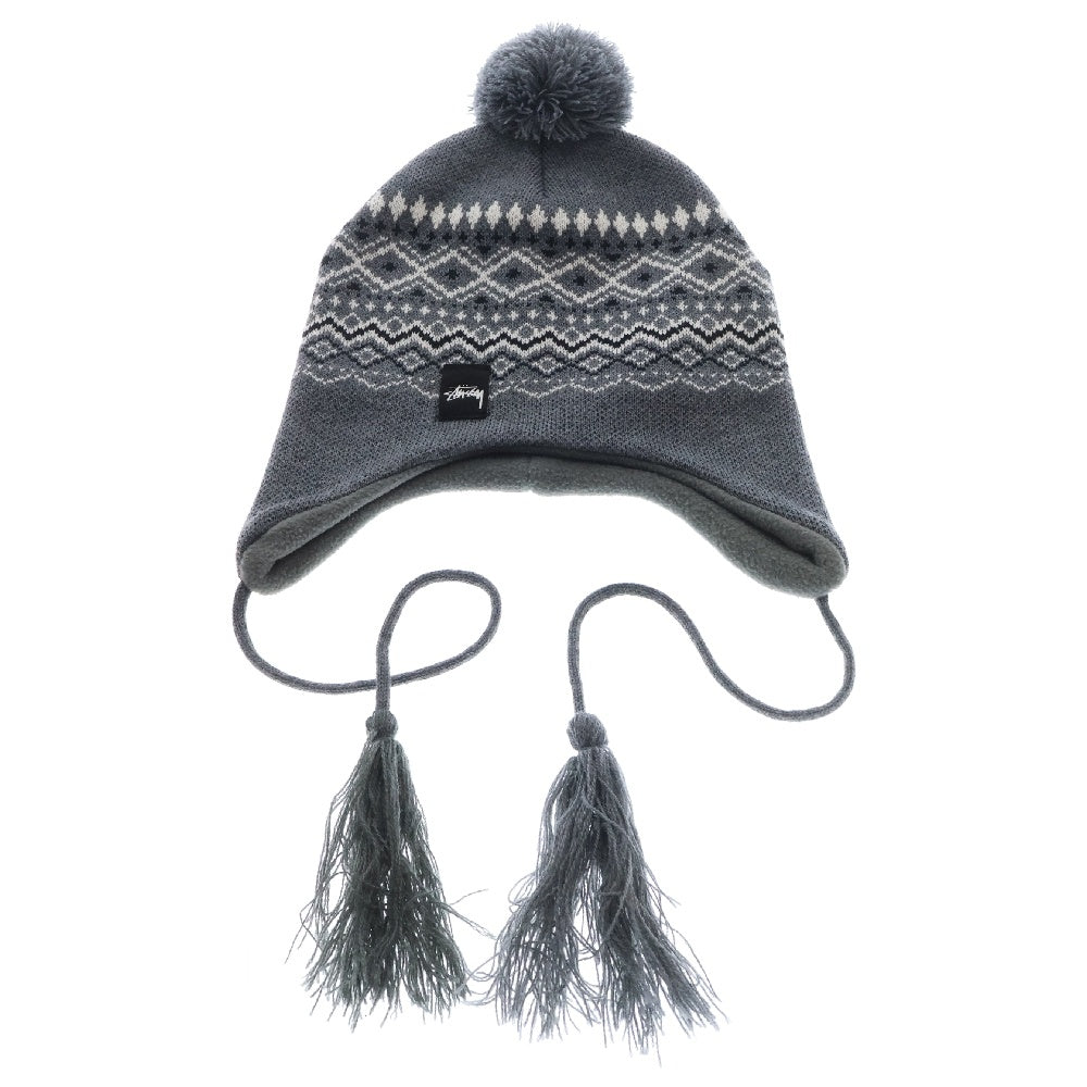 STUSSY(ステューシー) アメリカ製 耳付き ボーダーデザイン ビーニー ニット帽 帽子 ブラック