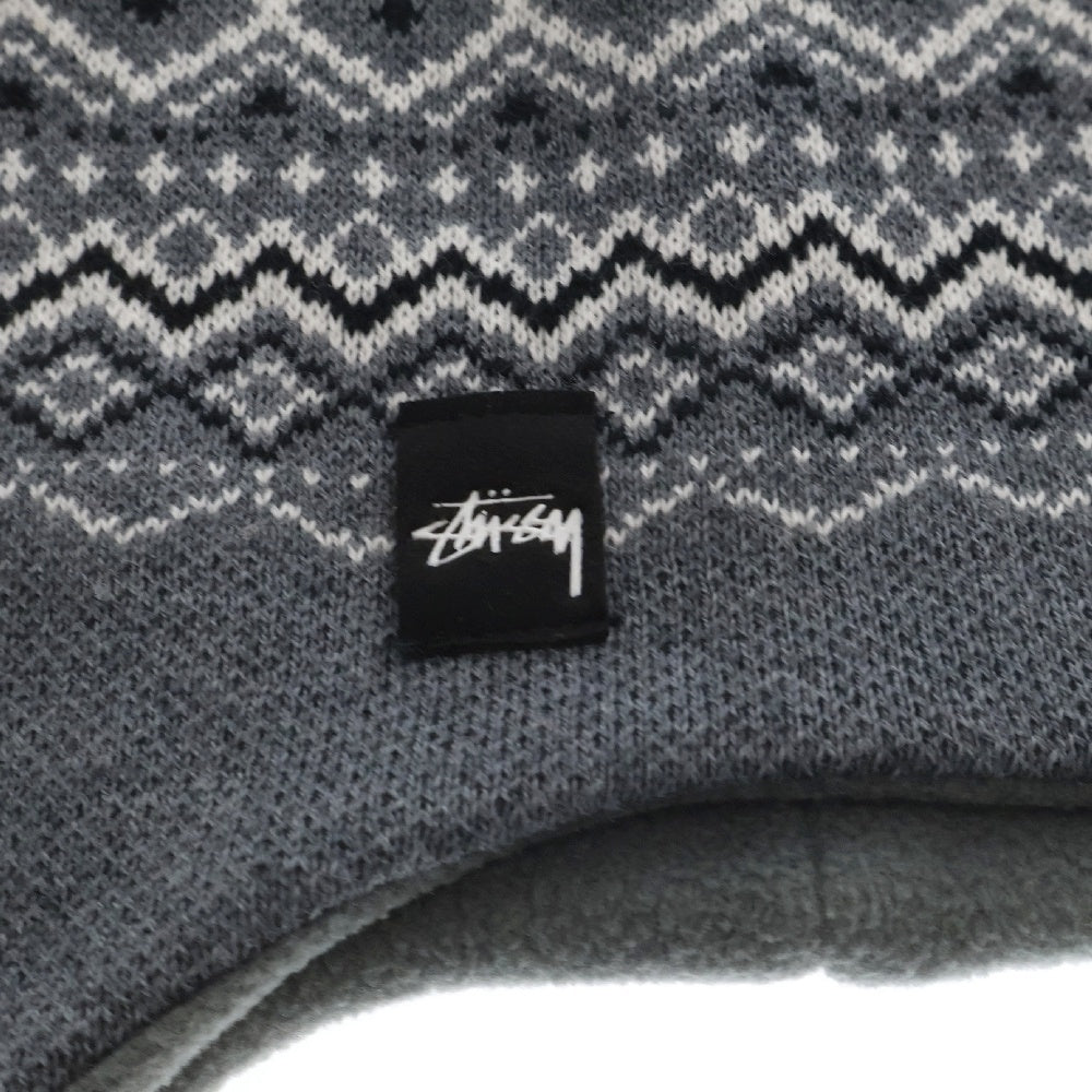 STUSSY(ステューシー) アメリカ製 耳付き ボーダーデザイン ビーニー ニット帽 帽子 ブラック