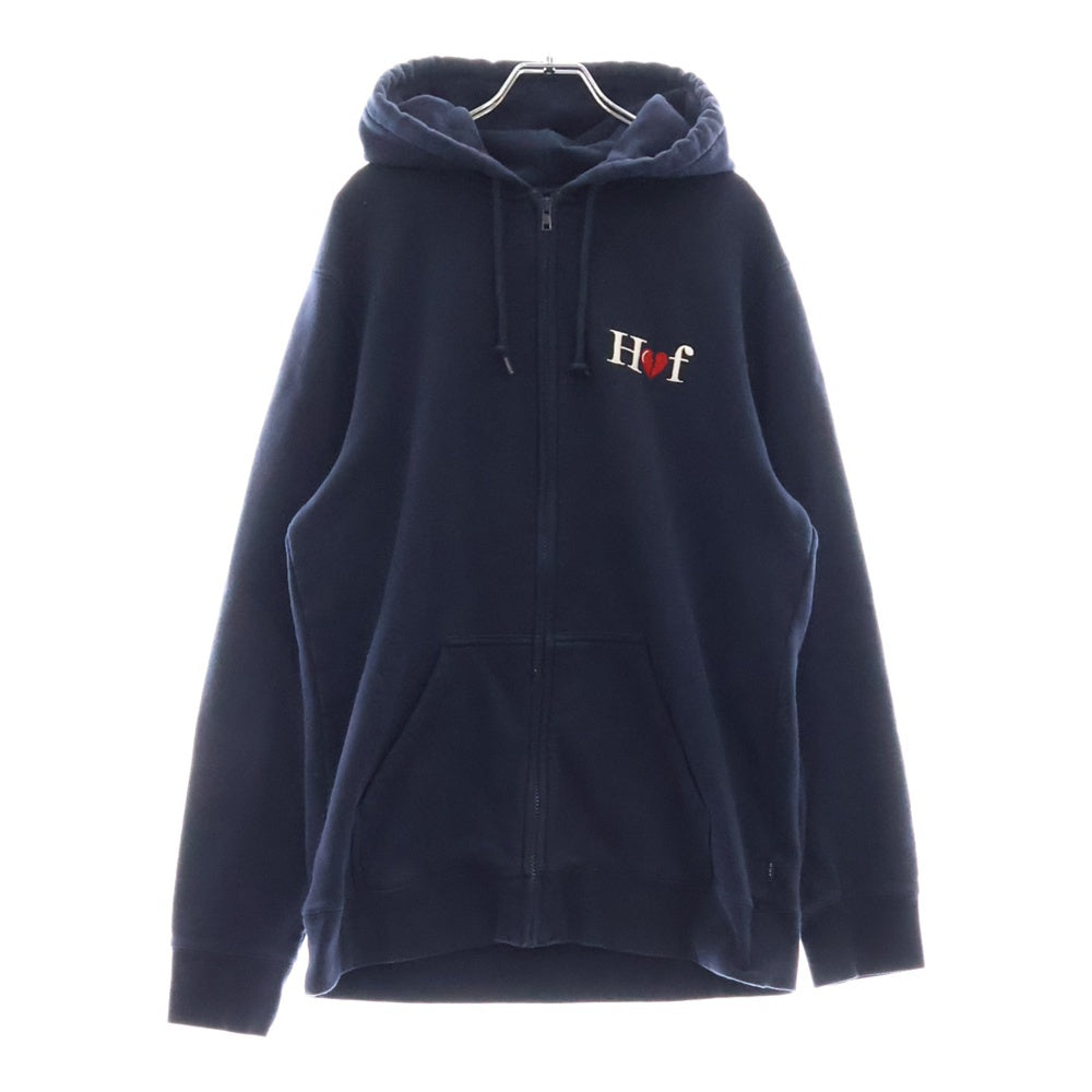 HUF(ハフ) MILTON ZIP-UP HOODIE フロントロゴ刺繍 ジップアップパーカー フーディー ネイビー