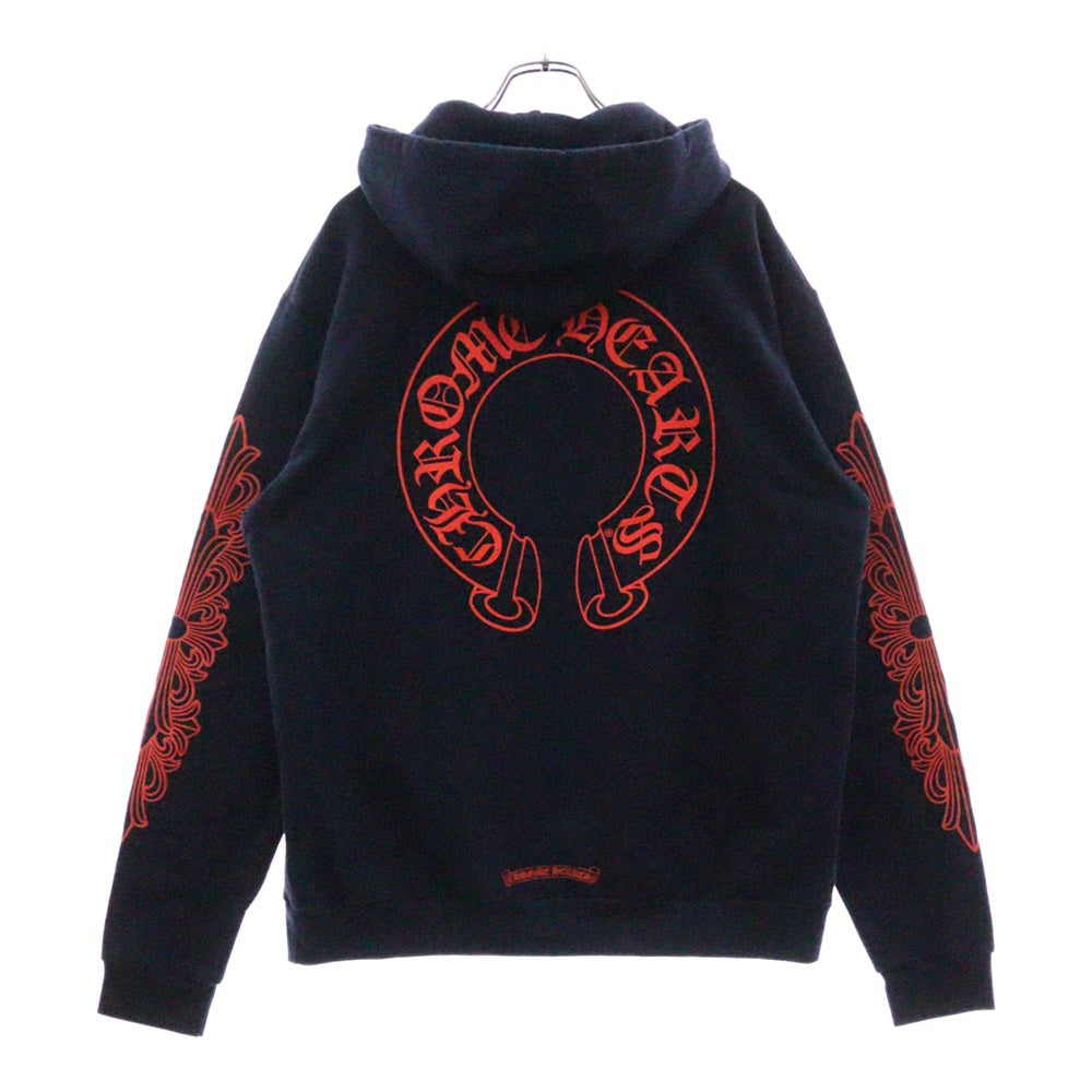 CHROME HEARTS(クロムハーツ) SWTSHRT PLVR プルオーバーパーカー 袖フローラルバックホースシューパーカー ネイビー/レッド