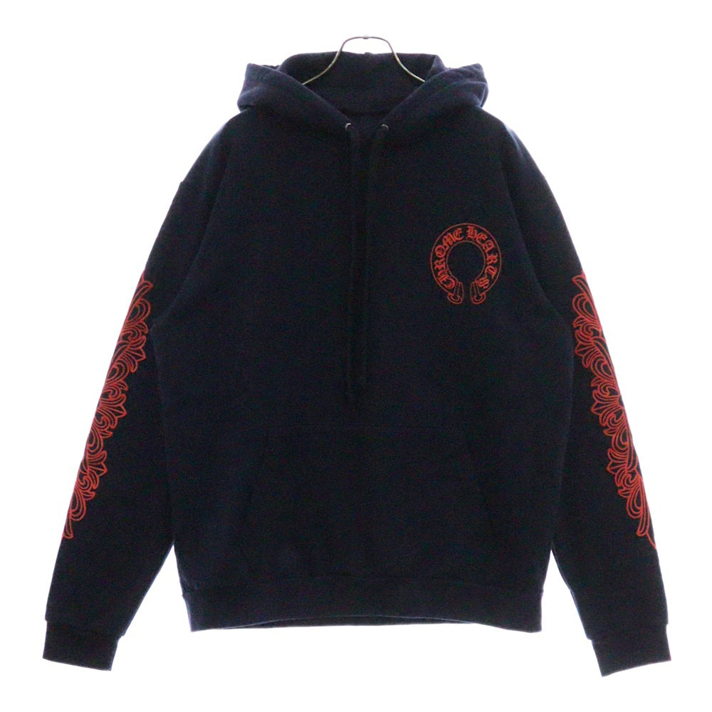 CHROME HEARTS(クロムハーツ) SWTSHRT PLVR プルオーバーパーカー 袖フローラルバックホースシューパーカー ネイビー/レッド