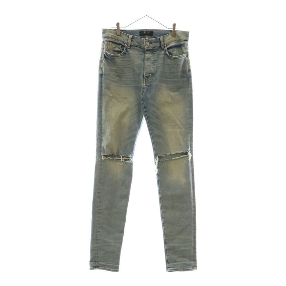 AMIRI(アミリ) ユーズド加工 レザーパッチ スリムスキニー ストレッチ デニムパンツ ジーンズ インディゴ
