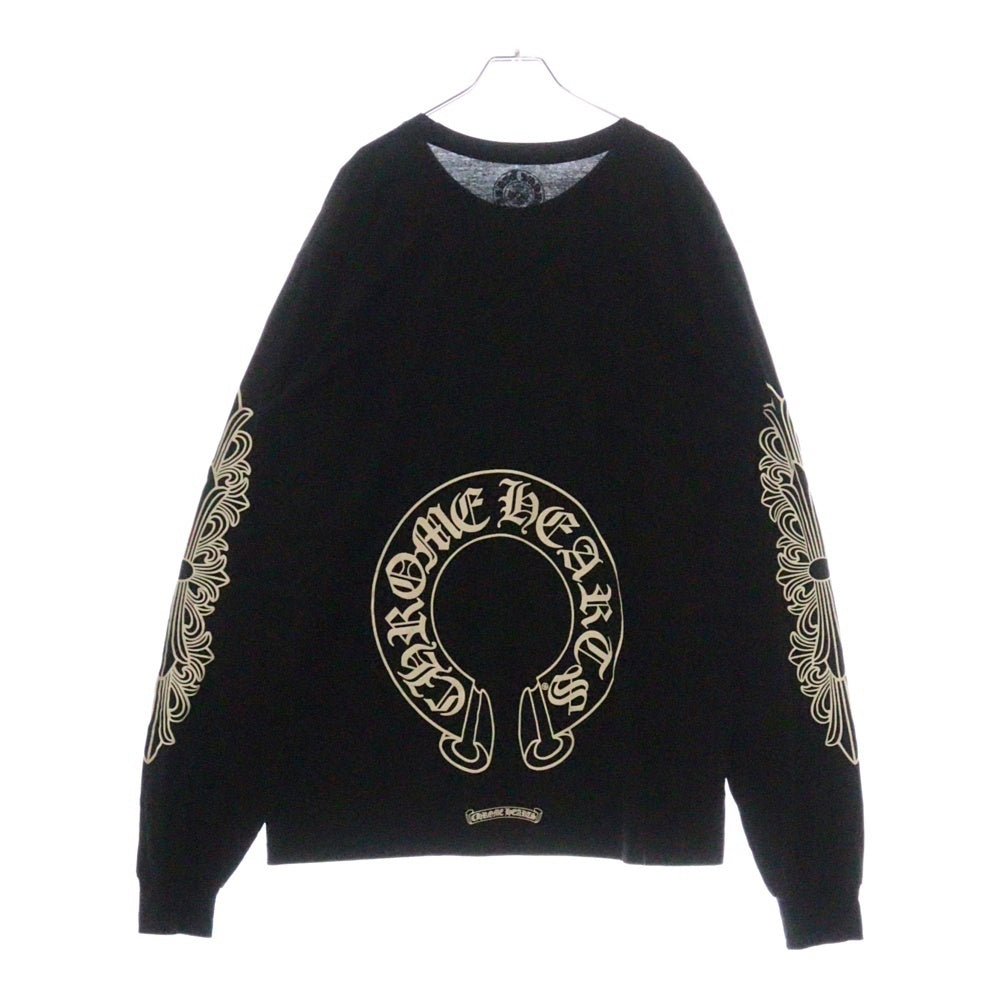 CHROME HEARTS(クロムハーツ) FLRL CRS HORSESHOE L/S バックホースシュー 袖フローラル ロングスリーブカットソー 長袖Tシャツ ロンT ブラック