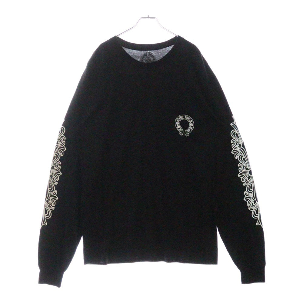 CHROME HEARTS(クロムハーツ) FLRL CRS HORSESHOE L/S バックホースシュー 袖フローラル ロングスリーブカットソー 長袖Tシャツ ロンT ブラック
