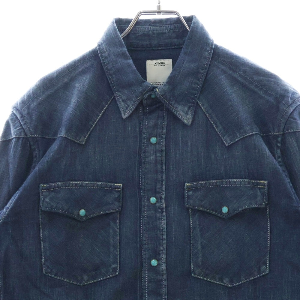 VISVIM(ヴィスヴィム) 12SS FOUR CORNERS DAMAGED デニムウエスタン 長袖 シャツ ターコイズボタン インディゴ 0112105007009