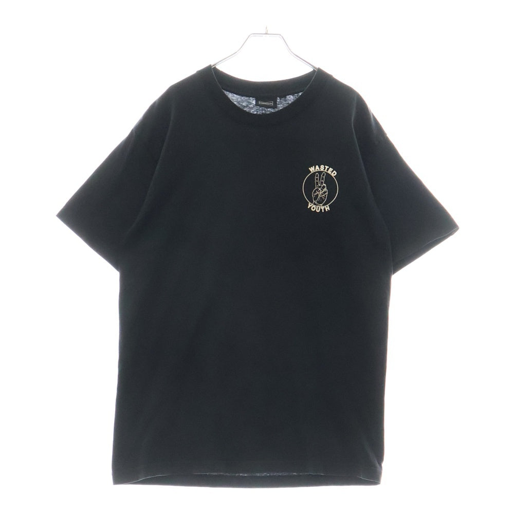 WASTED YOUTH(ウェイステッドユース) ピースサイン プリントロゴ 半袖Tシャツ カットソー ブラック
