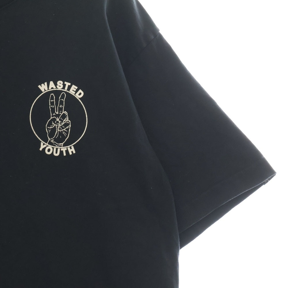 WASTED YOUTH(ウェイステッドユース) ピースサイン プリントロゴ 半袖Tシャツ カットソー ブラック