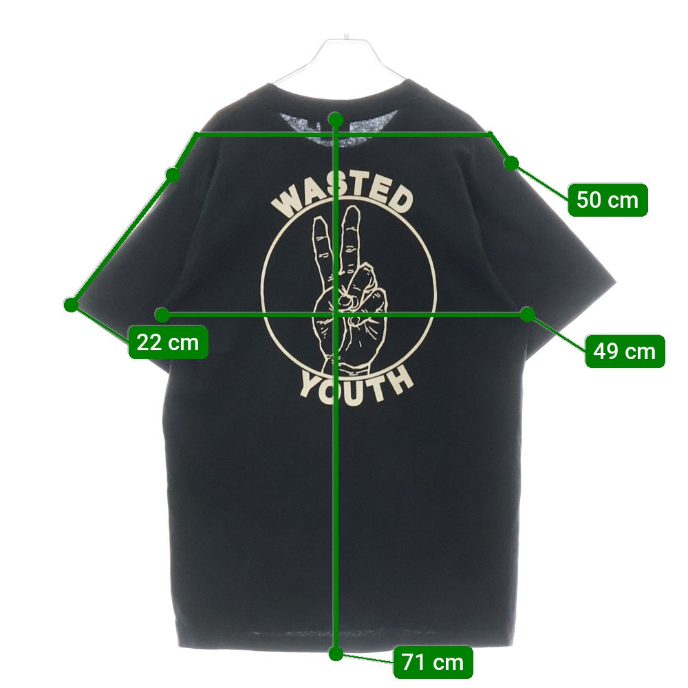 WASTED YOUTH(ウェイステッドユース) ピースサイン プリントロゴ 半袖Tシャツ カットソー ブラック