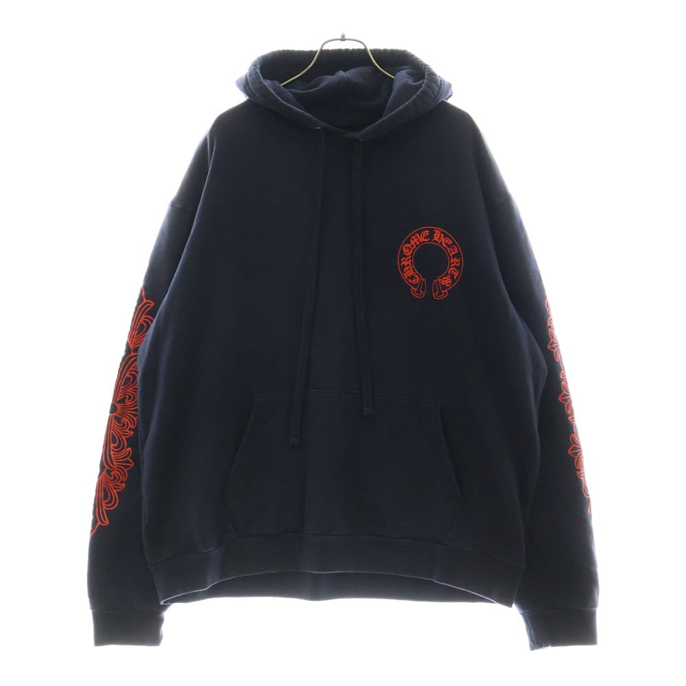 CHROME HEARTS(クロムハーツ) SWTSHRT PLVR プルオーバーパーカー 袖フローラルバックホースシューパーカー ネイビー/レッド