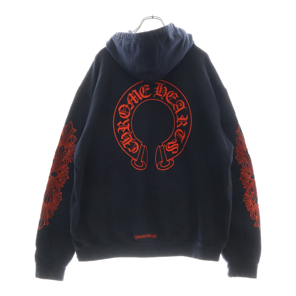 CHROME HEARTS(クロムハーツ) SWTSHRT PLVR プルオーバーパーカー 袖フローラルバックホースシューパーカー ネイビー/レッド