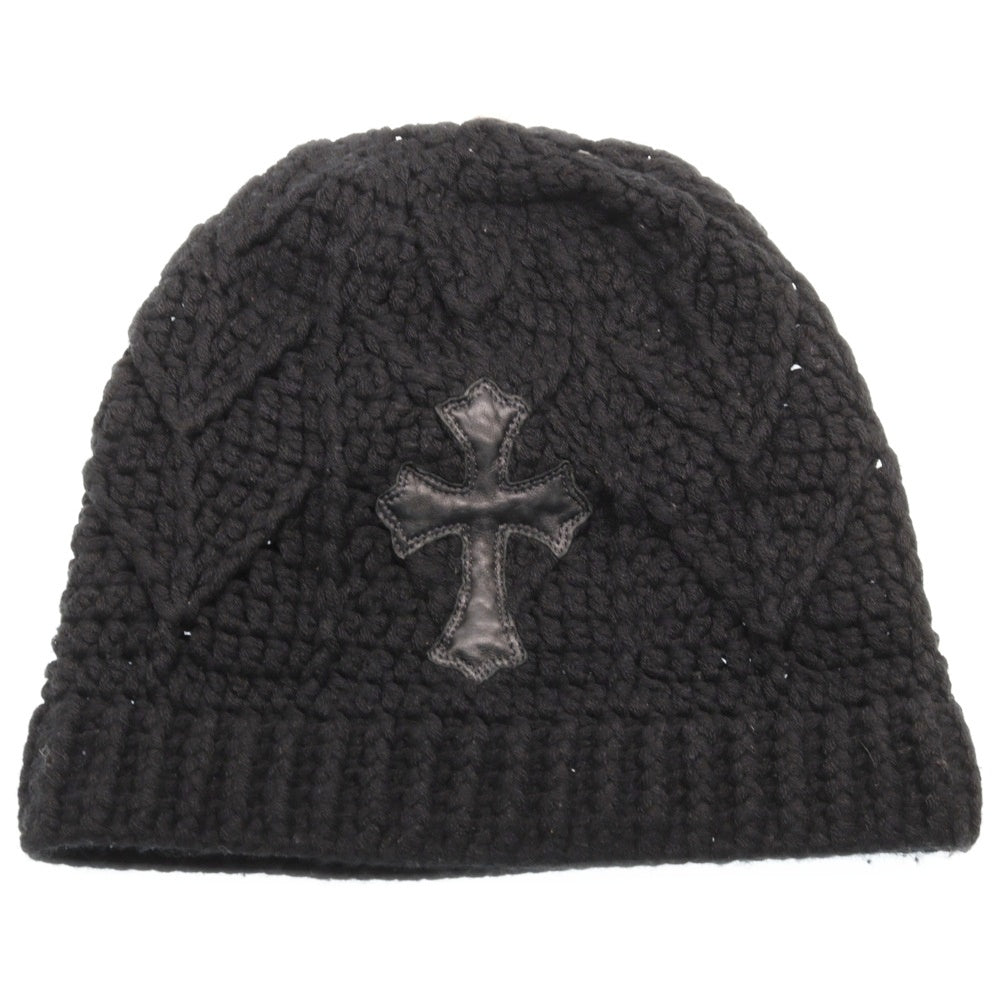CHROME HEARTS(クロムハーツ) Cashmere Leather knit beanie カシミヤ ビーニー レザークロスパッチ クロスボールボタン ニットキャップ ブラック