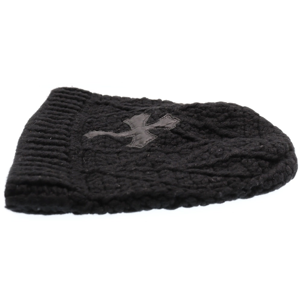 CHROME HEARTS(クロムハーツ) Cashmere Leather knit beanie カシミヤ ビーニー レザークロスパッチ クロスボールボタン ニットキャップ ブラック