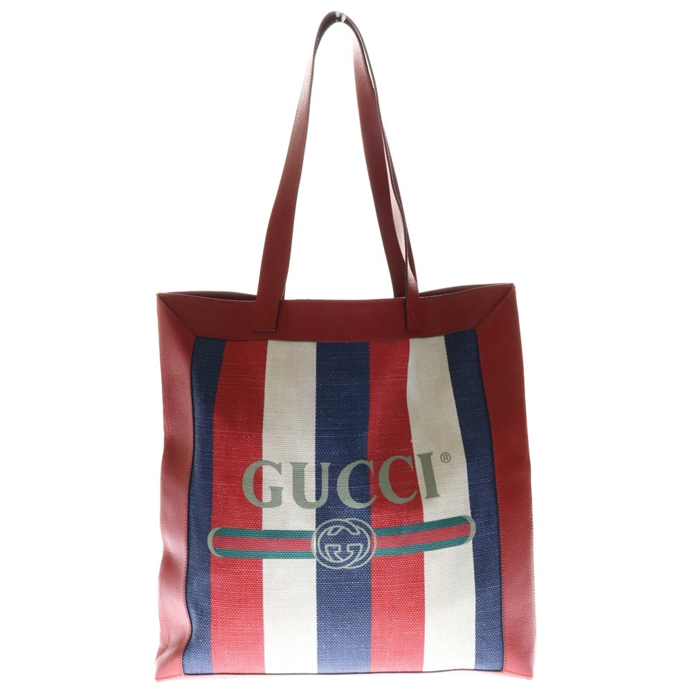 GUCCI(グッチ) ロゴプリント トリコロール レザー トートバッグ レッド/ホワイト/ネイビー 523781