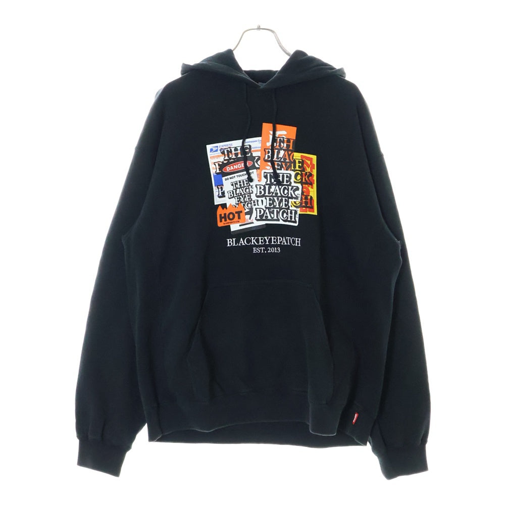 THE BLACK EYE PATCH(ブラックアイパッチ) 23SS LABEL PACK HOODIE フード取扱注意ロゴ プルオーバーパーカー フーディー ブラック
