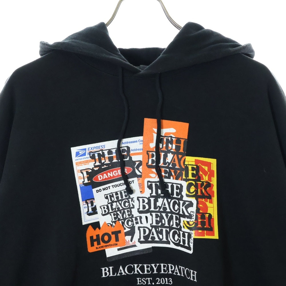 THE BLACK EYE PATCH(ブラックアイパッチ) 23SS LABEL PACK HOODIE フード取扱注意ロゴ プルオーバーパーカー フーディー ブラック