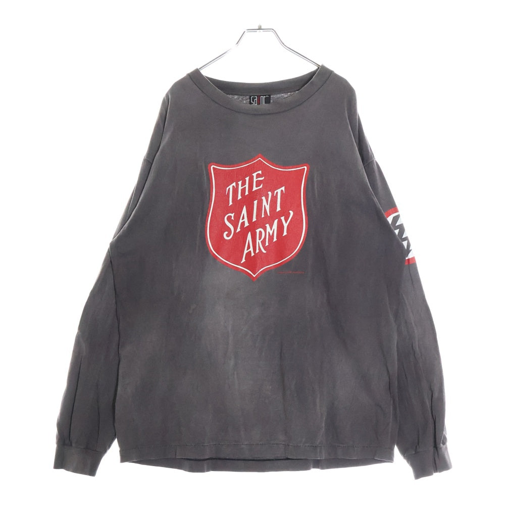 SAINT MICHAEL(セントマイケル) 22SS L/S TEE VAMPIRE PPLE SM-S22-0000-032 ヴァンパイアエンブレム ロゴプリント長袖Tシャツ ヴィンテージ加工カットソー チャコールグレー