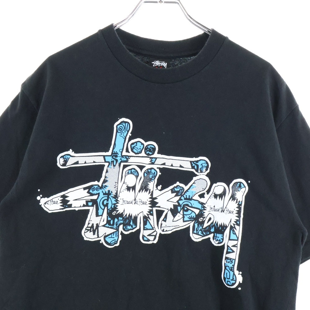 STUSSY(ステューシー) ロゴプリント コットン クルーネック半袖Tシャツ カットソー ブラック CA-28629