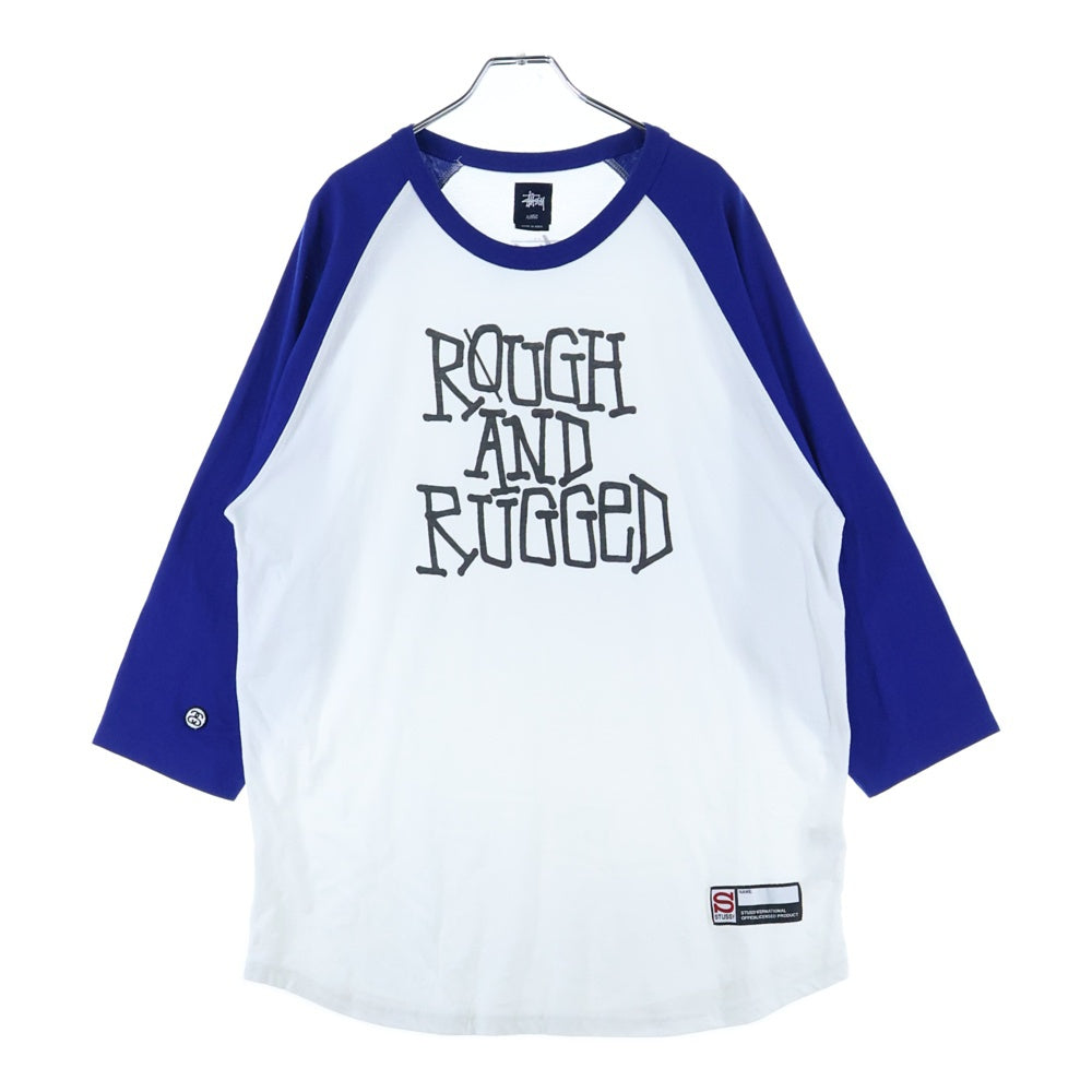 STUSSY(ステューシー) ROUGH AND RUGGED フロントデザイン ラグランTシャツ 七分丈カットソー ホワイト/ブルー