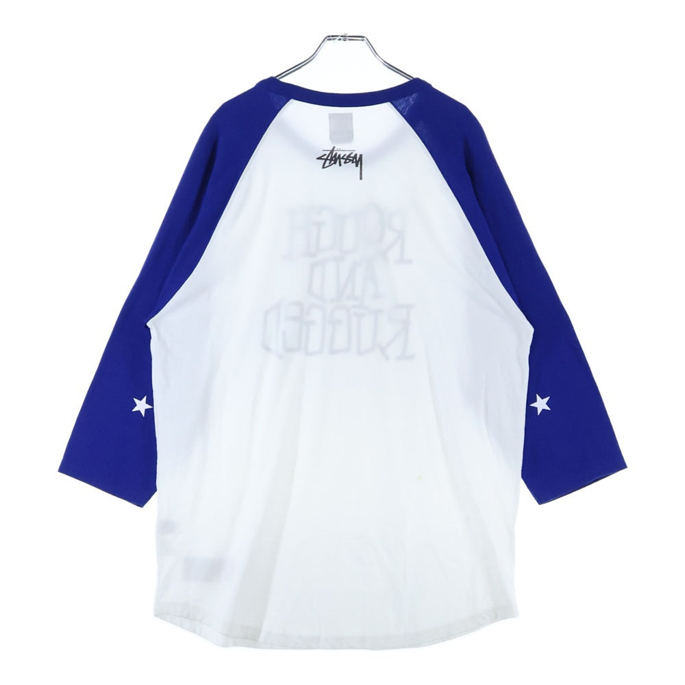 STUSSY(ステューシー) ROUGH AND RUGGED フロントデザイン ラグランTシャツ 七分丈カットソー ホワイト/ブルー