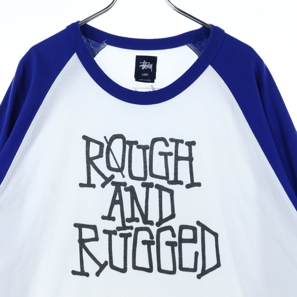 STUSSY(ステューシー) ROUGH AND RUGGED フロントデザイン ラグランTシャツ 七分丈カットソー ホワイト/ブルー