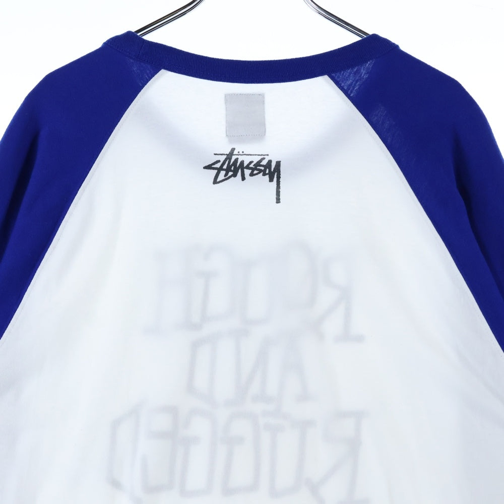 STUSSY(ステューシー) ROUGH AND RUGGED フロントデザイン ラグランTシャツ 七分丈カットソー ホワイト/ブルー