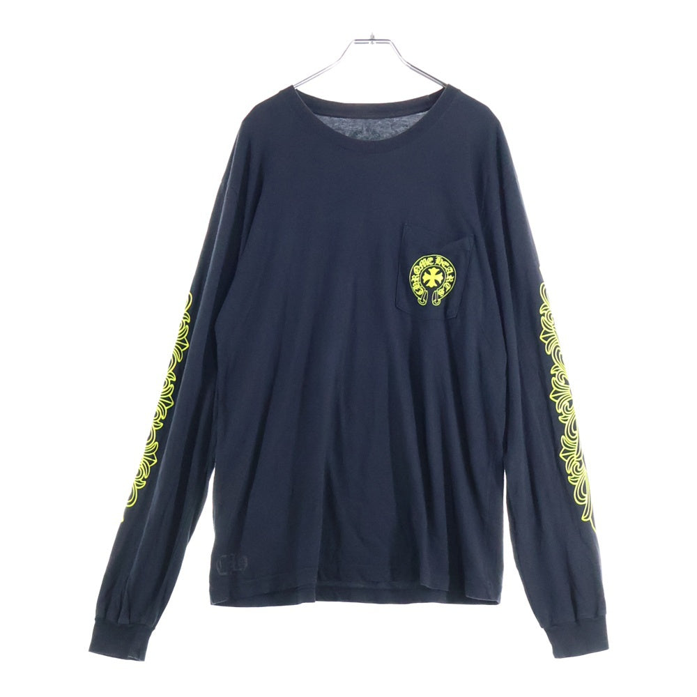 CHROME HEARTS(クロムハーツ) CH PLUS フロントCHプラスプリント 袖フローラルクロスプリント クルーネック ロングスリーブ長袖Tシャツ ブラック/イエロー
