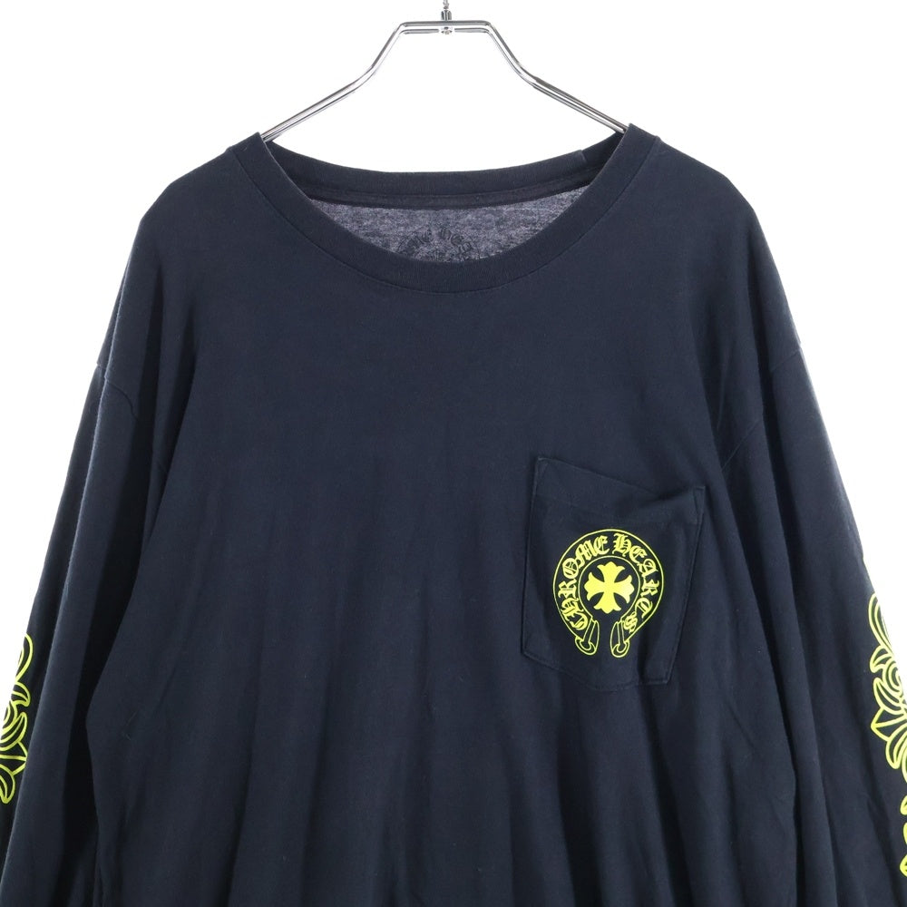 CHROME HEARTS(クロムハーツ) CH PLUS フロントCHプラスプリント 袖フローラルクロスプリント クルーネック ロングスリーブ長袖Tシャツ ブラック/イエロー
