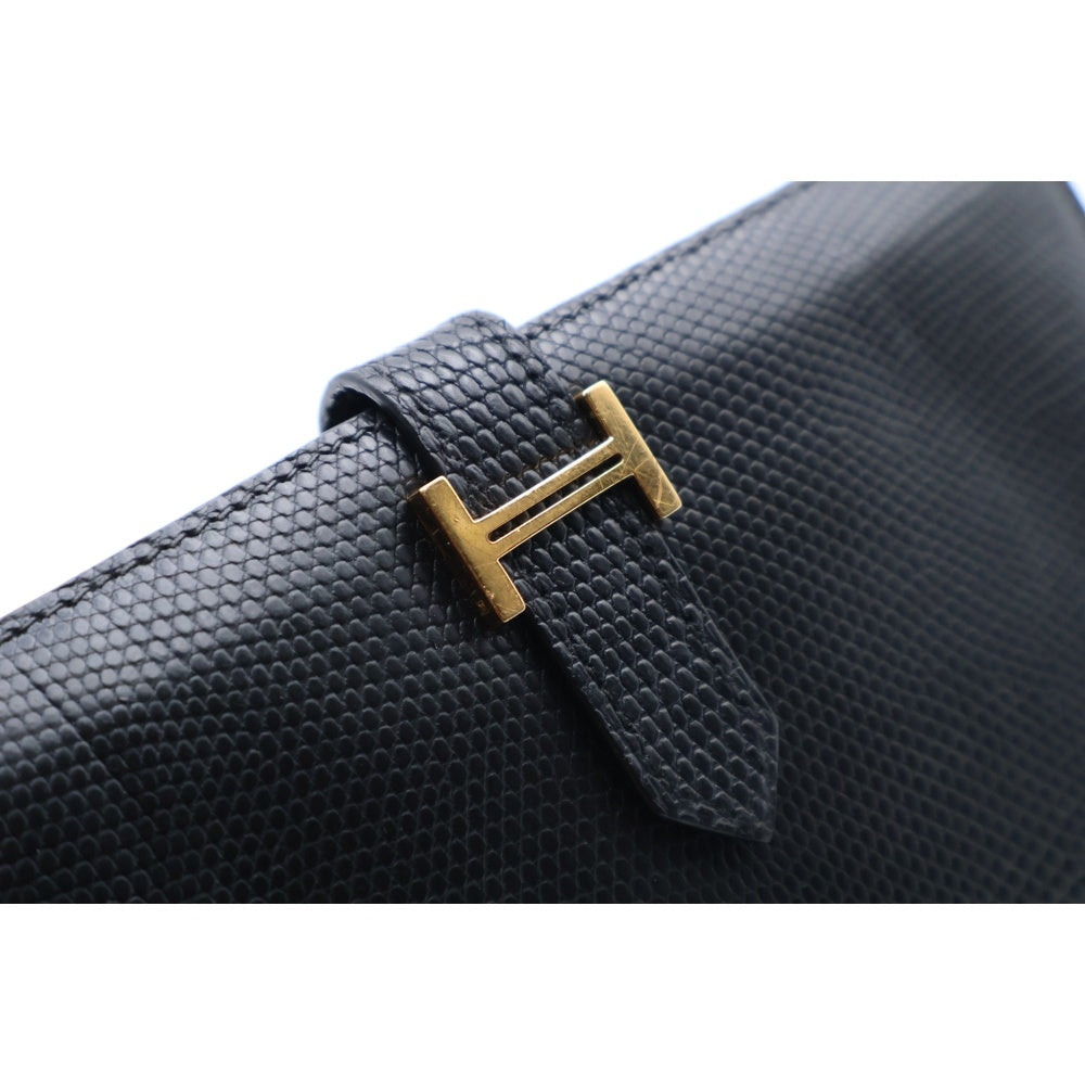 HERMES(エルメス) ベアンスフレ リザード □G刻印 ゴールド金具 長財布 ブラック