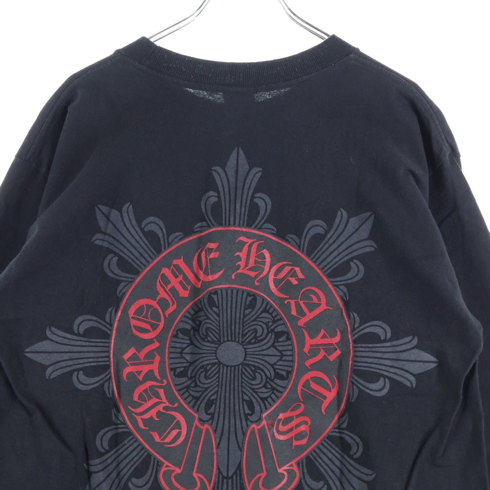 CHROME HEARTS(クロムハーツ) HORSESHOE 両面プリント 胸ポケット ロングスリーブ 長袖Tシャツ ブラック/レッド