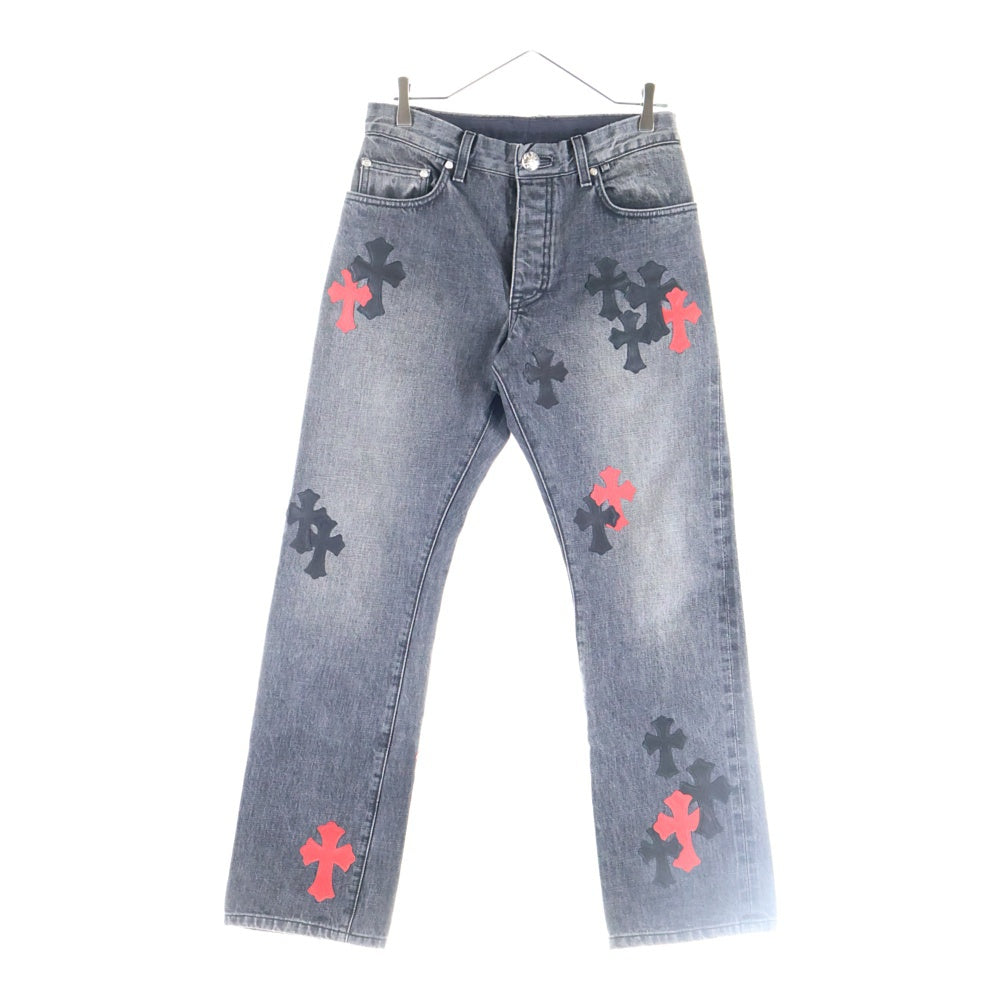 CHROME HEARTS(クロムハーツ) JEAN STRTLG FBRC クロスパッチ付きウォッシュドデニムパンツ ブラック/レッド