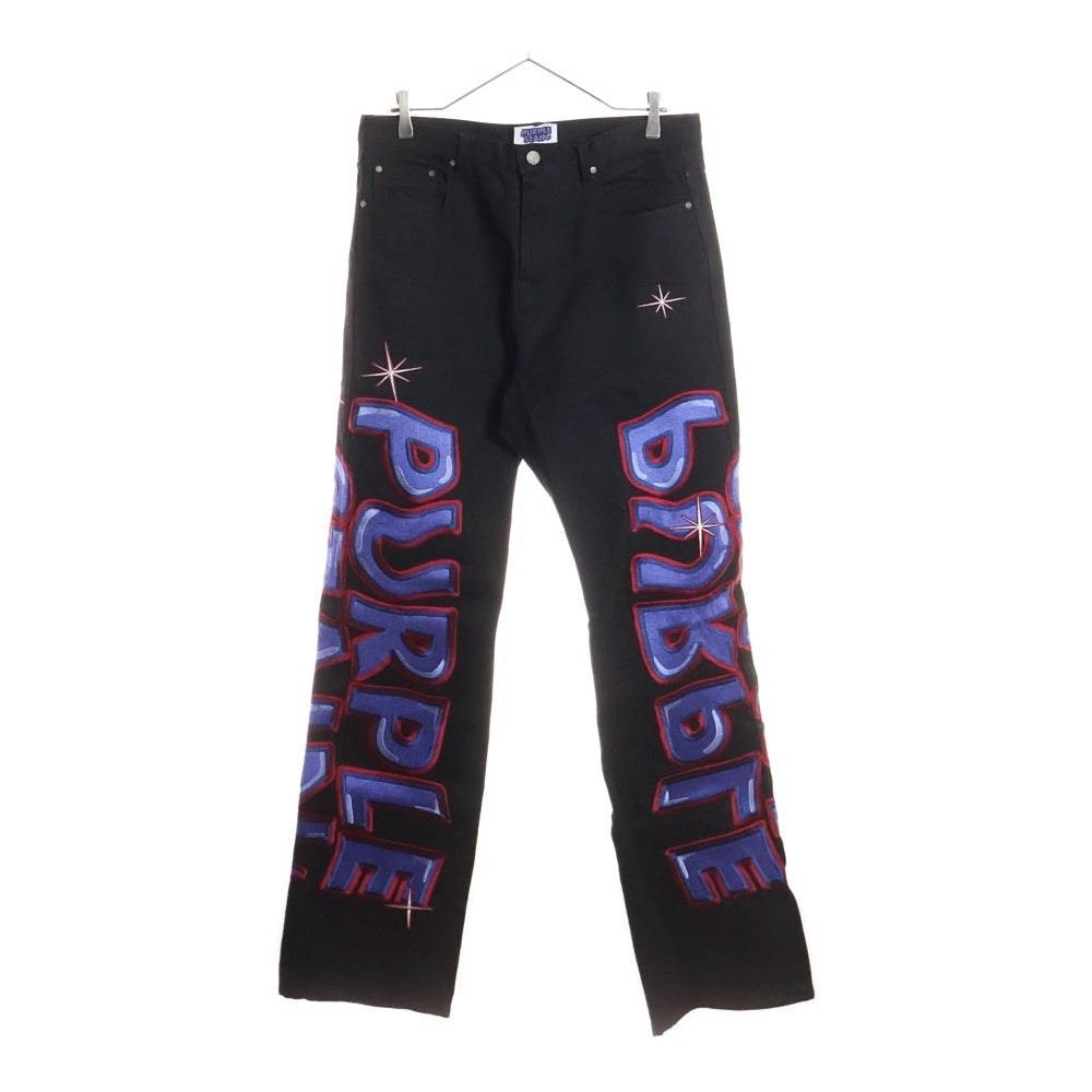 NO BRAND(ノーブランド) PURPLE STAIN SPLAY LOGO DENIM PANTS パープルステイン ブランド刺繍 デニムパンツ ブラック