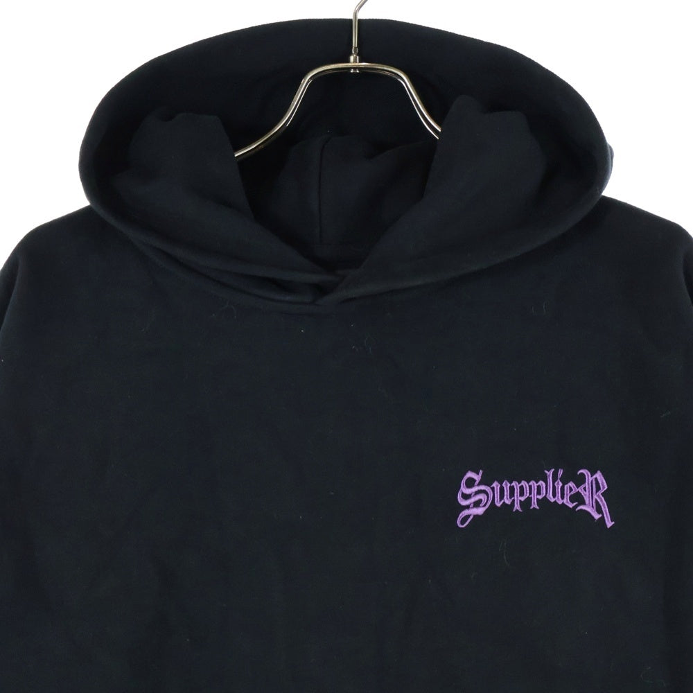 SUPPLIER(サプライヤ) Boxy Fit Cross Logo Hoodie ラインストーン クロスロゴ プルオーバーパーカー フーディー ブラック/パープル