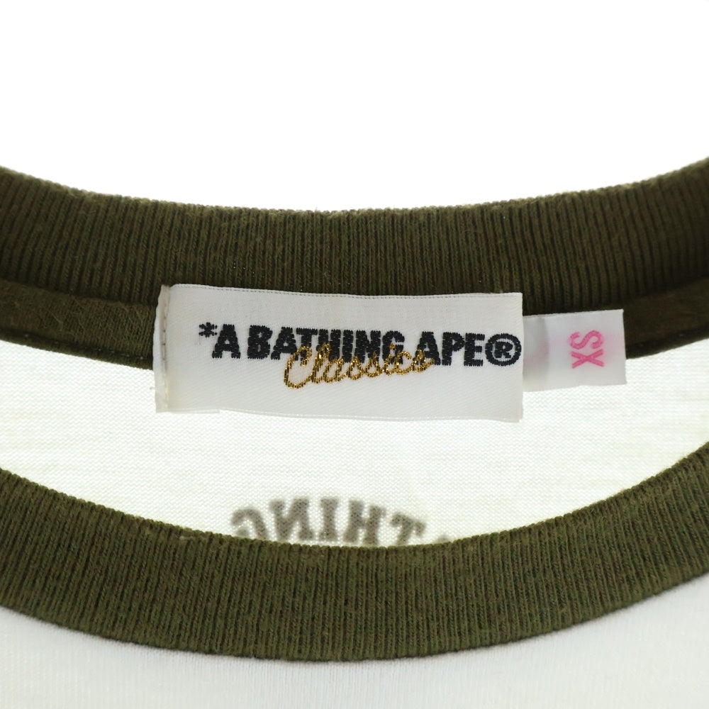 A BATHING APE(アベイシングエイプ) フロントプリント ラグランTシャツ カットソー カーキ/ホワイト レディース