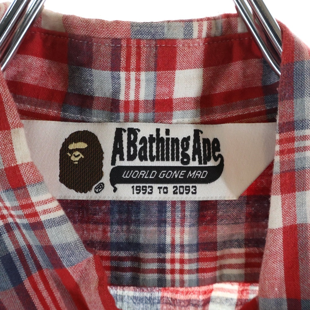 A BATHING APE(アベイシングエイプ) フロントロゴ チェック柄 ポケット半袖シャツ カットソー レッド レディース