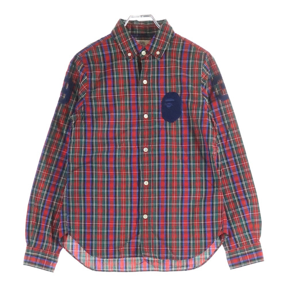 A BATHING APE(アベイシングエイプ) 刺繍ロゴ コットン チェック柄 長袖シャツ レッド レディース 001SH9802035