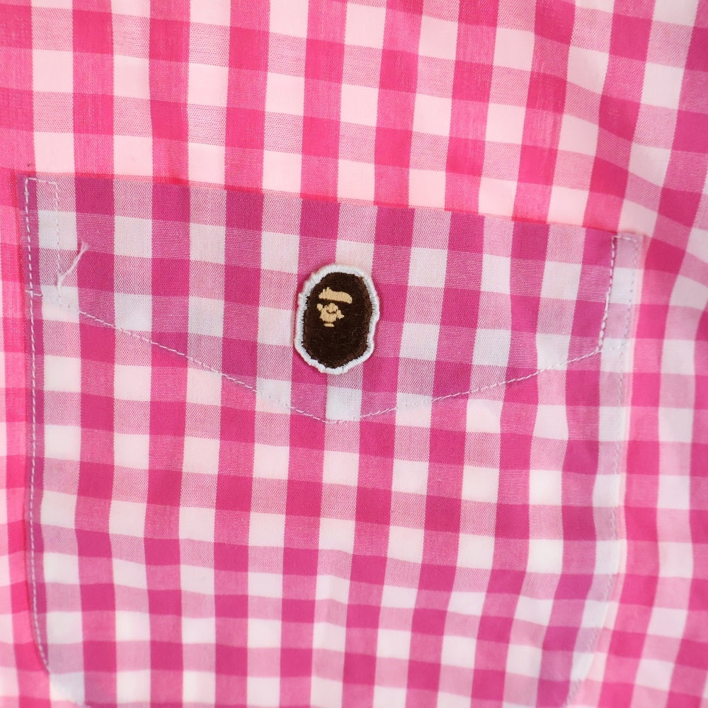 A BATHING APE(アベイシングエイプ) フロントロゴ コットン ギンガムチェック柄 半袖シャツ ピンク