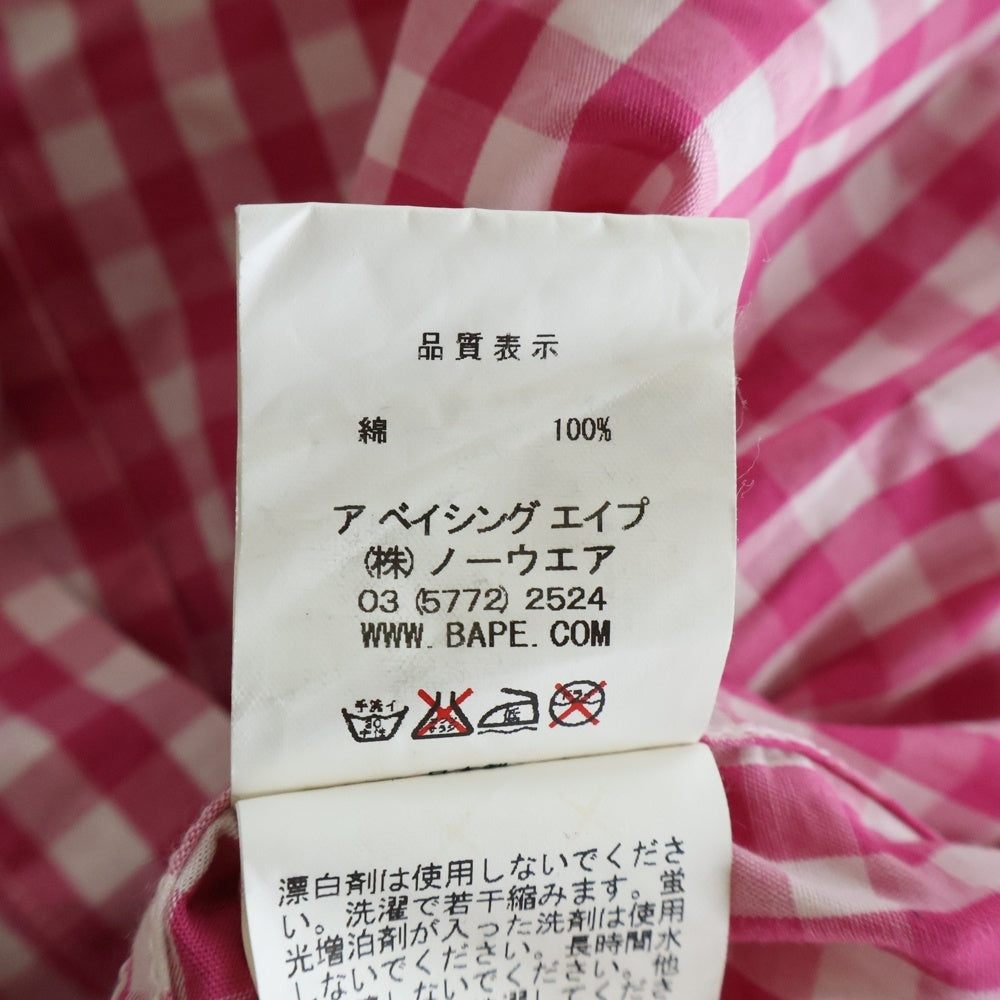 A BATHING APE(アベイシングエイプ) フロントロゴ コットン ギンガムチェック柄 半袖シャツ ピンク