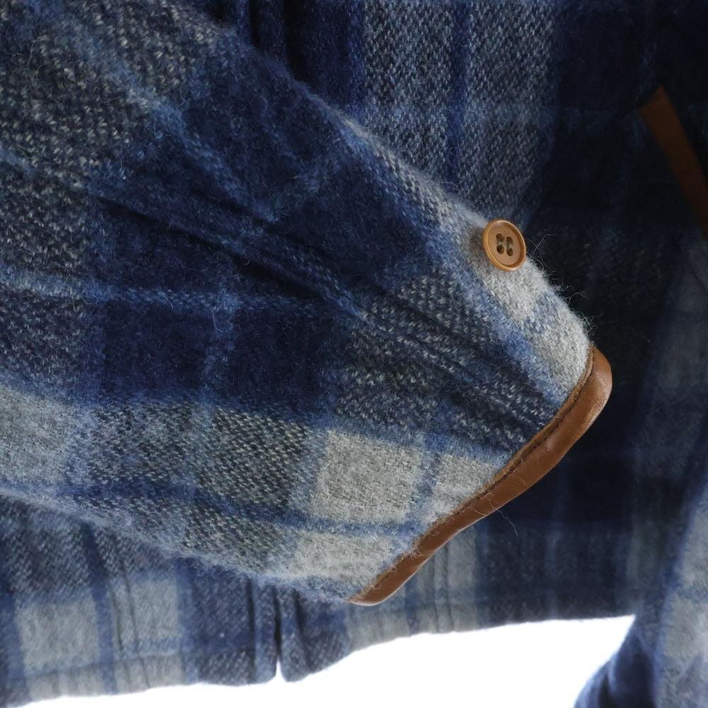 VISVIM(ヴィスヴィム) 14SS BLACKHAWK BLOUSON レザー エルボーパッチ チェック柄 ジップアップ シャツジャケット ブルー 0114205013019