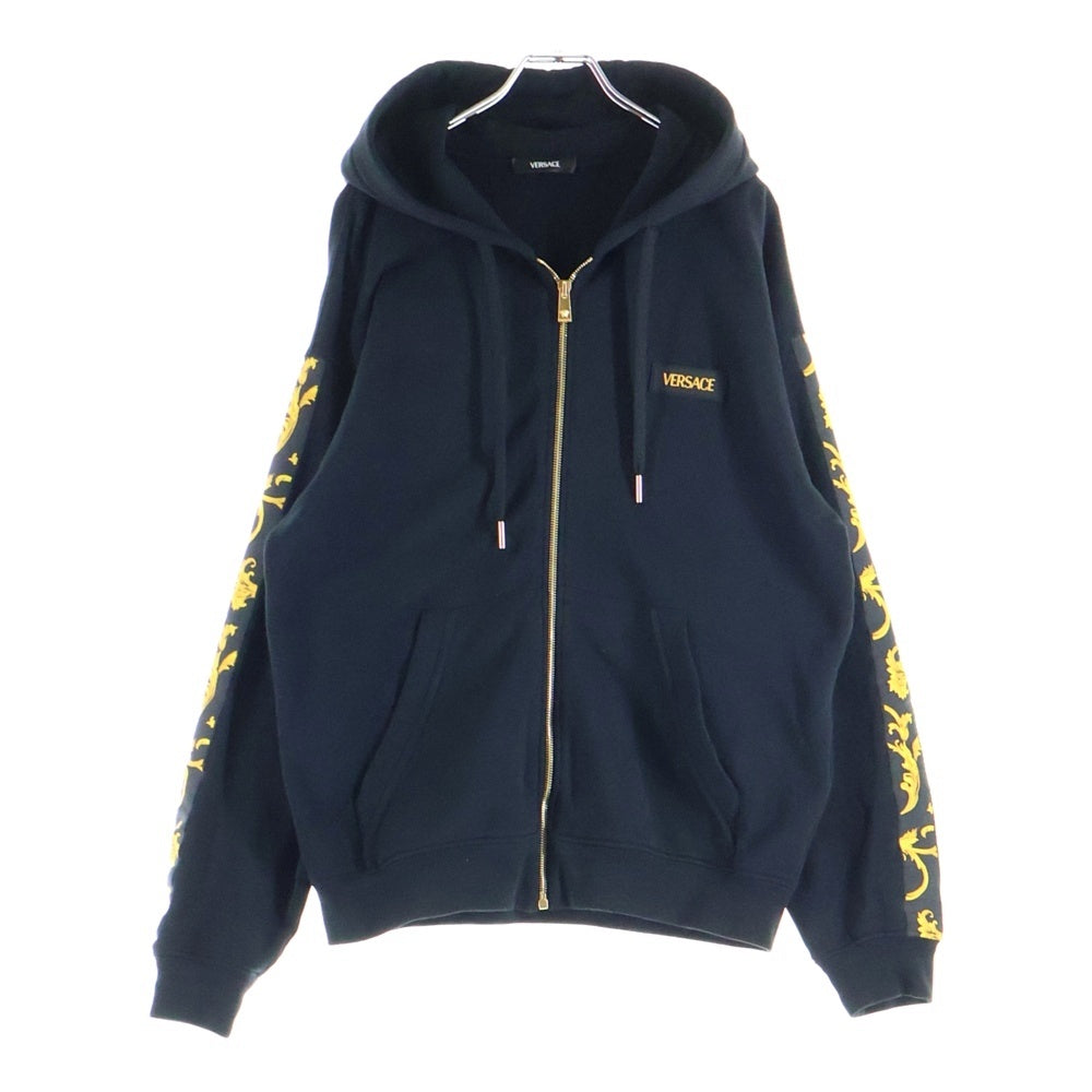 VERSACE(ヴェルサーチ) サイド バロック柄 コットン ジップアップパーカー フーディー ブラック/イエロー 1012175